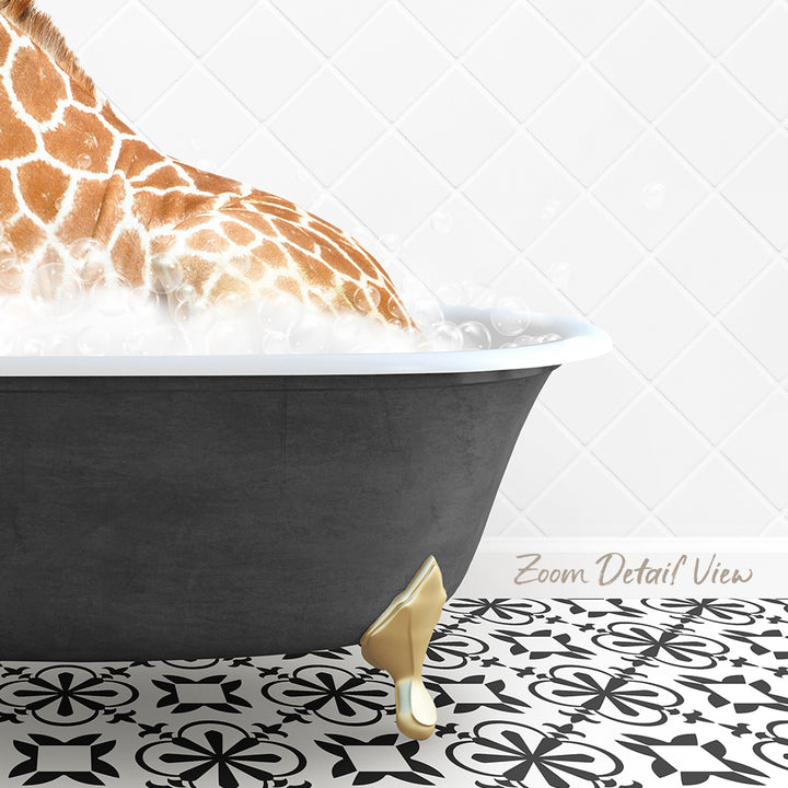 A giraffe is sitting in a bathtub filled with water, surrounded by a patterned tile floor.