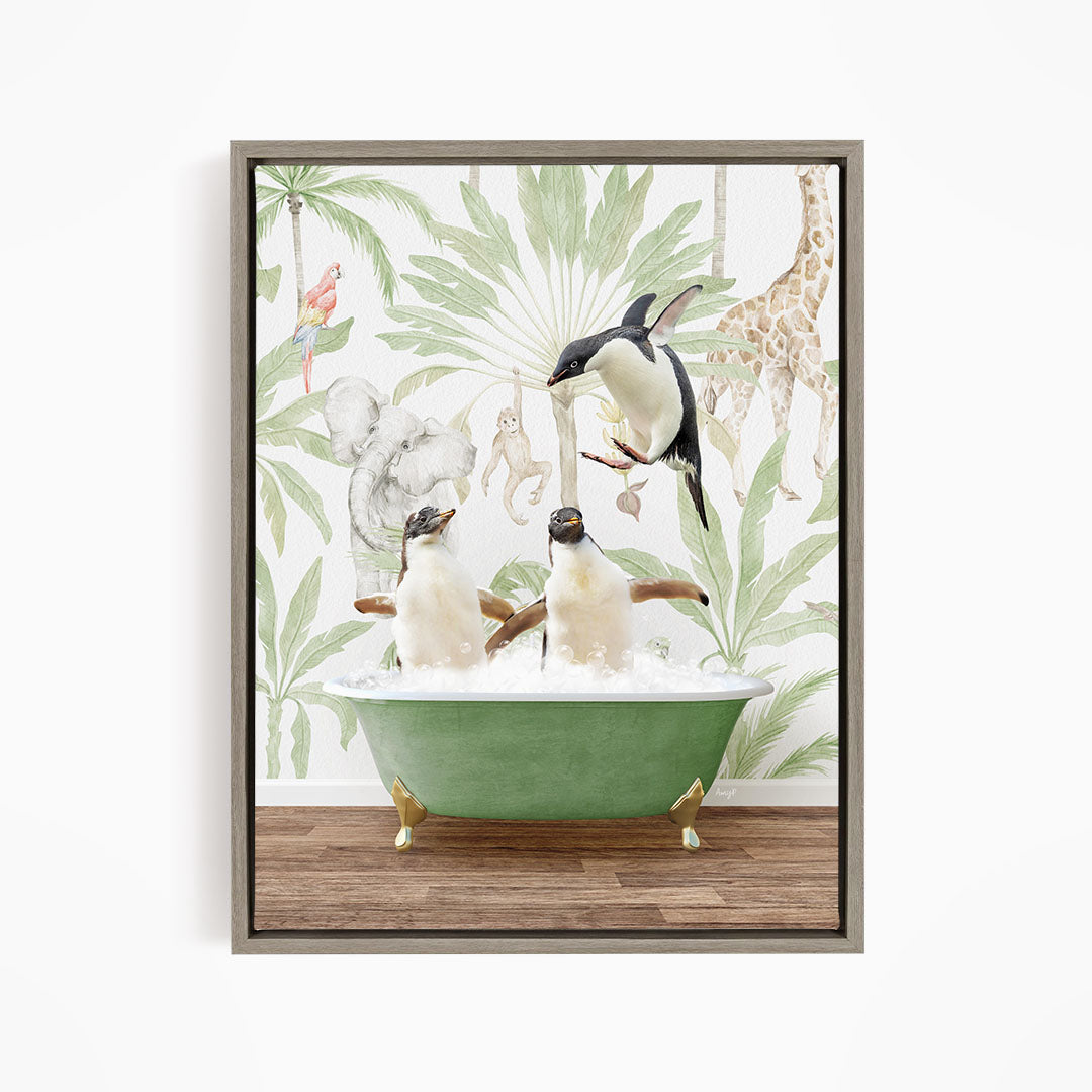 A framed illustration depicting two penguins sitting in a green bathtub, surrounded by a tropical jungle scene with various animals, including a giraffe, parrot, and monkey.