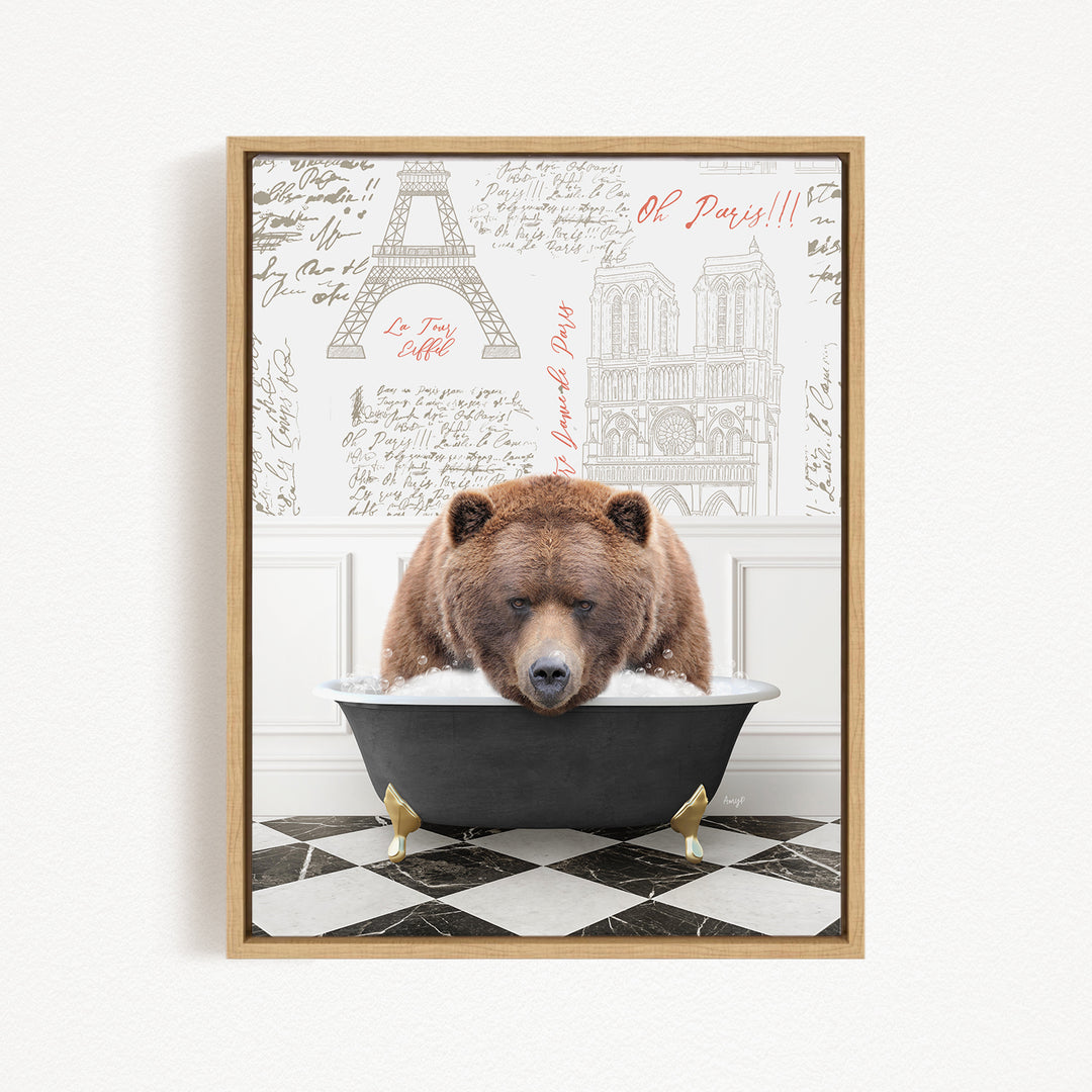 A brown bear is sitting in a bathtub filled with water, surrounded by various texts and illustrations related to Paris.