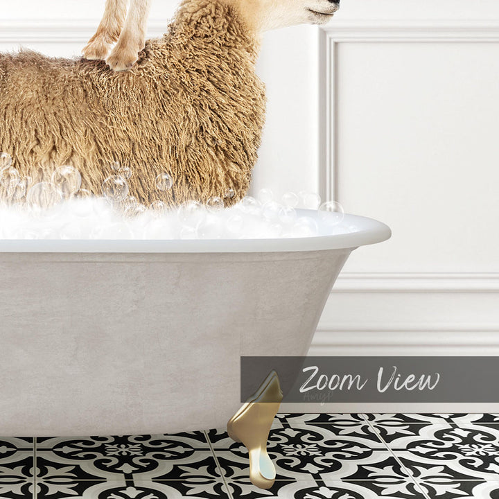 A fluffy brown sheep is standing in a white bathtub filled with bubbles, with a black and white patterned floor in the background.