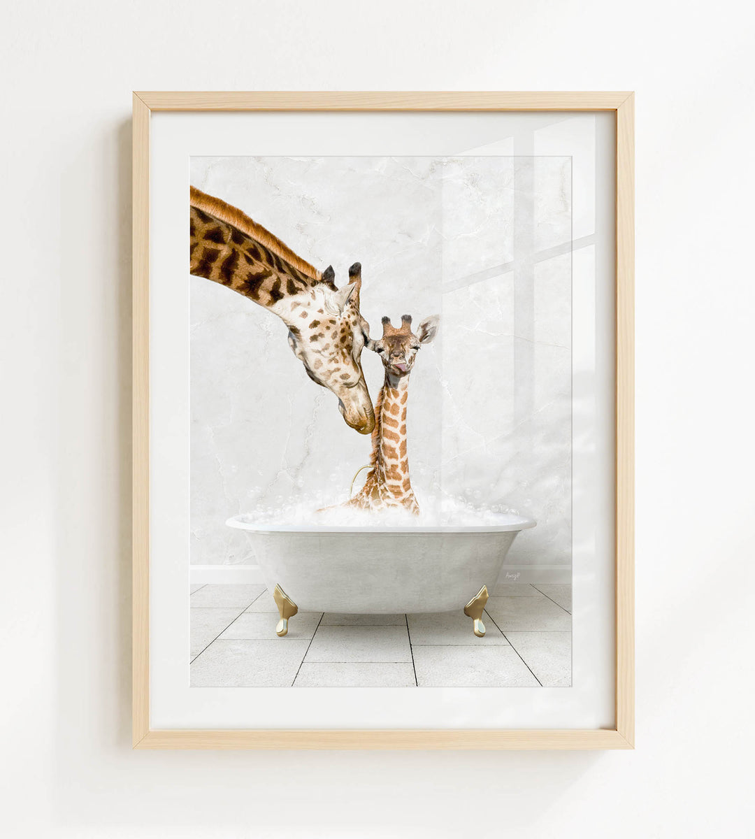 A giraffe and a baby giraffe are sitting in a white bathtub filled with water, with the adult giraffe's head dipping into the tub and the baby giraffe sitting next to it.