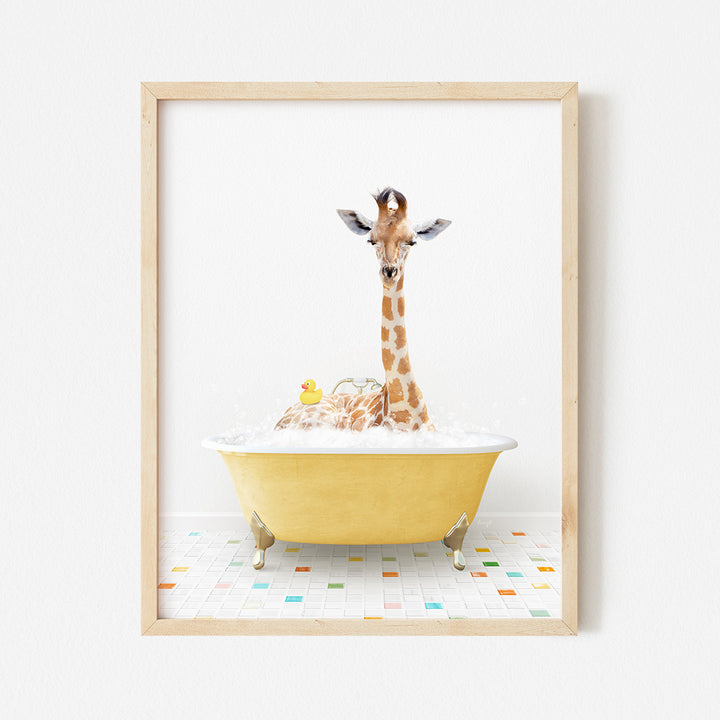 a giraffe in a bathtub with a toy duck in it