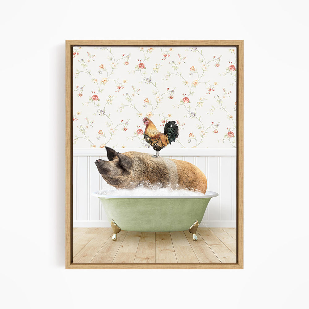 A rooster sits atop a pig in a green bathtub, with a floral wallpaper in the background.