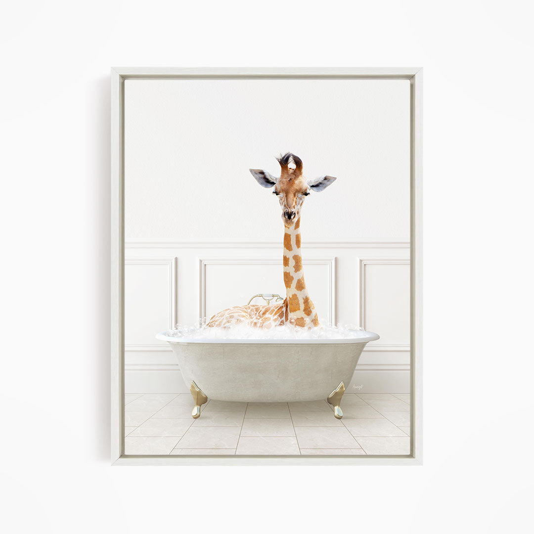 A giraffe is sitting in a white bathtub filled with water, creating a whimsical and playful scene.