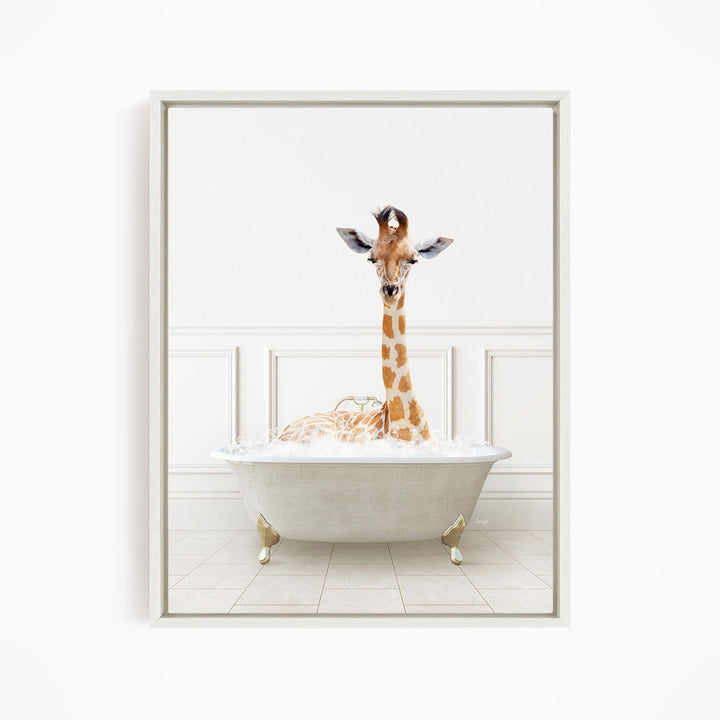 A giraffe is sitting in a white bathtub filled with water, creating a whimsical and playful scene.