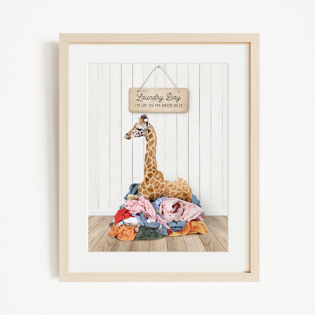 A giraffe is sitting on a pile of clothes in front of a wooden sign that says "Laundry Day".