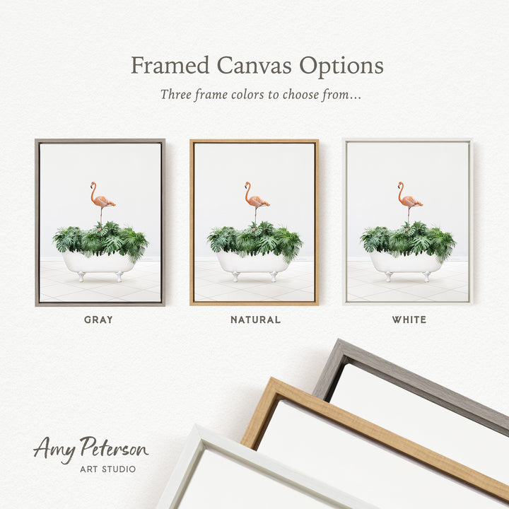 three framed canvas options, each featuring a different color and frame style. The options include a gray frame with a pink flamingo, a natural frame with a pink flamingo, and a white frame with a pink flamingo.
