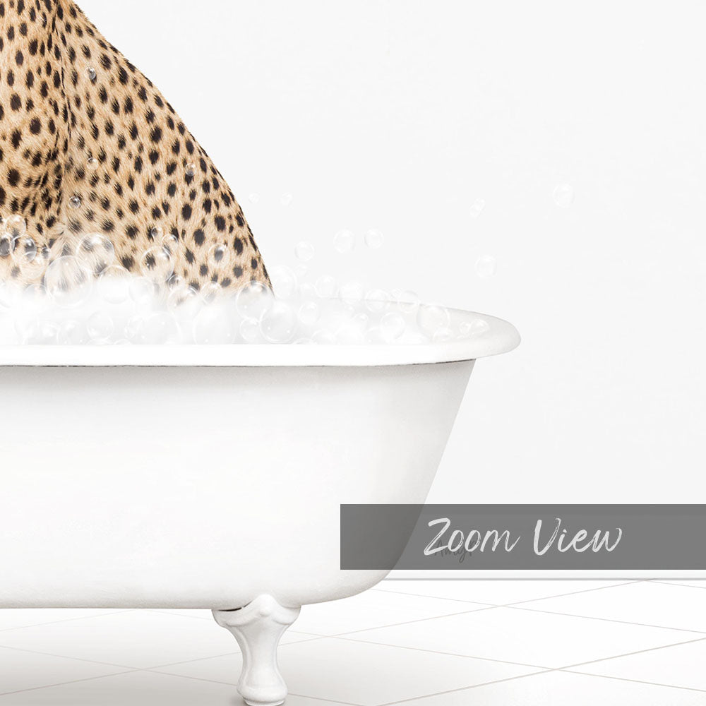 A leopard-print bathtub filled with water and bubbles, with the text "Zoom View" displayed below it.