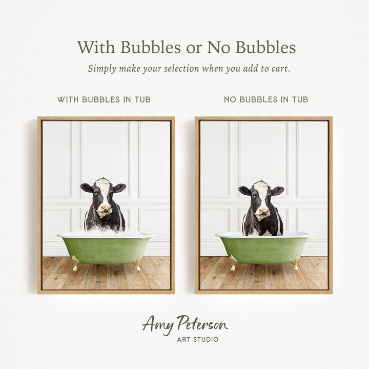 The image is a collage of two pictures featuring a black and white cow sitting in a green bathtub. The cow is surrounded by bubbles, creating a playful and whimsical scene. The collage is presented in a framed format, with the artist's name, Amy Peterson, and the art studio's name, Art Studio, displayed at the bottom.