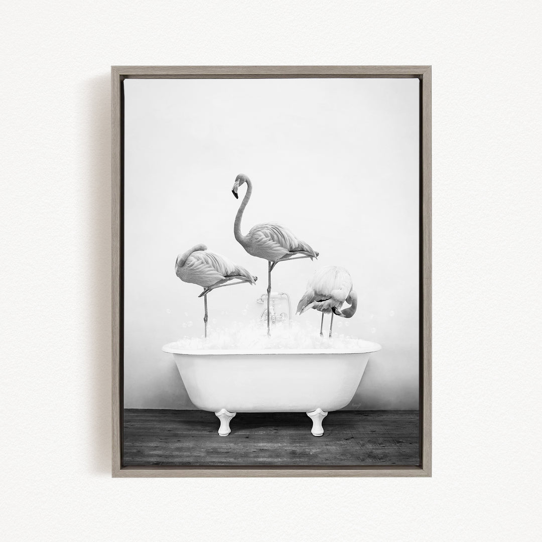 A black and white photograph of three flamingos standing in a white bathtub filled with water.