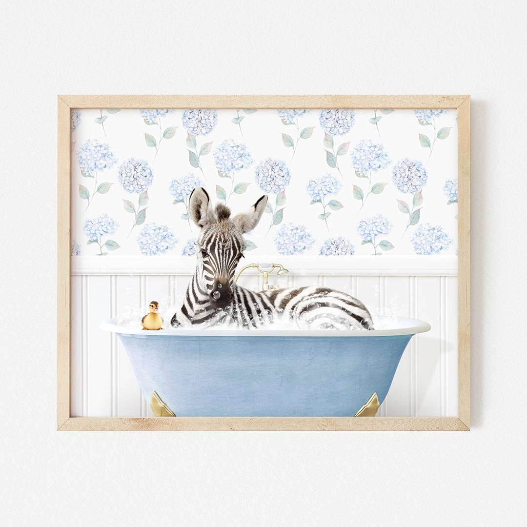 a zebra laying in a blue bath tub