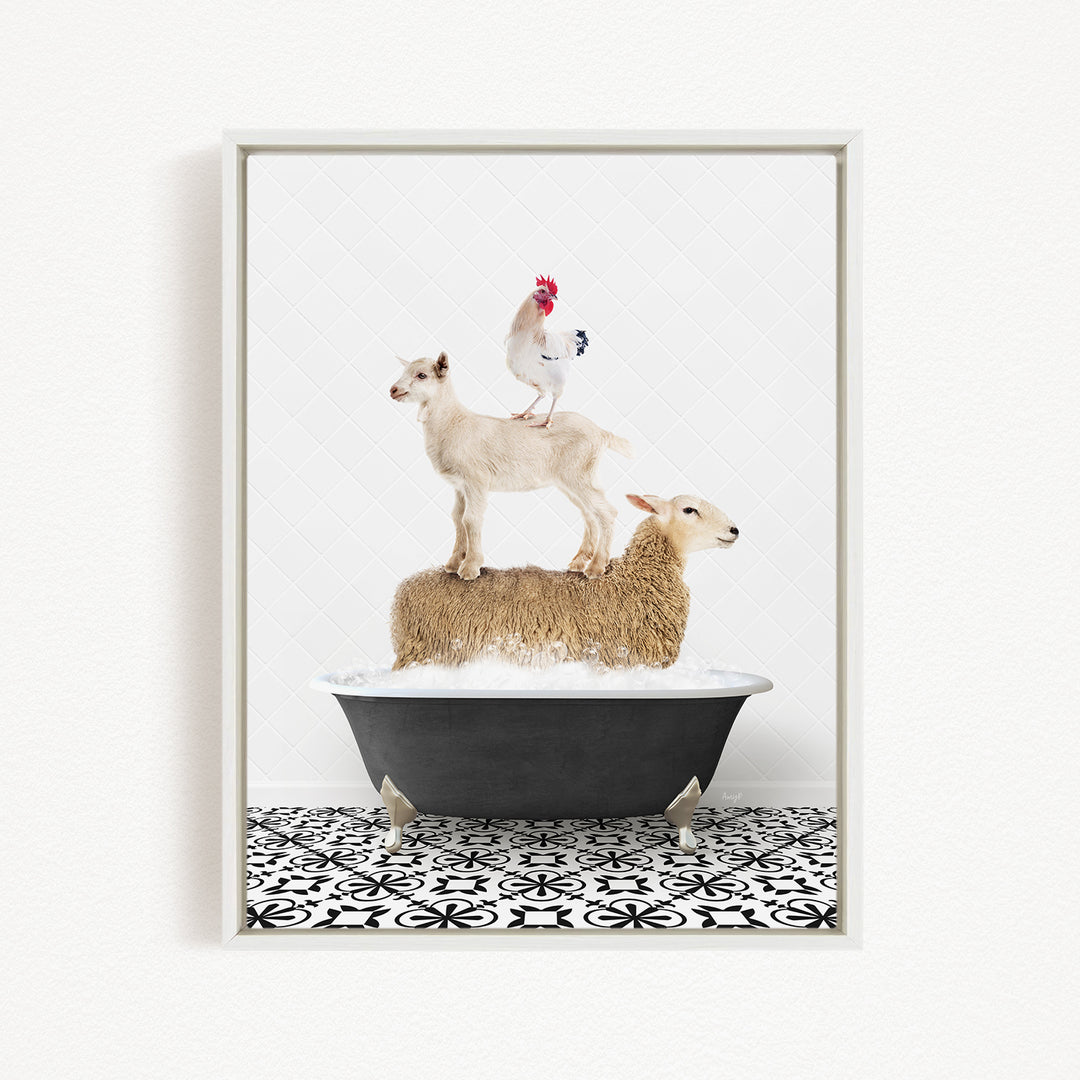 A framed image depicting a sheep standing on a goat's back while a chicken stands on top of a sheep in a bathtub.