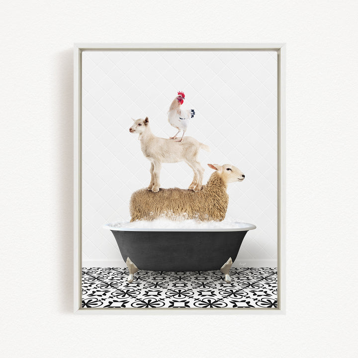 A framed image depicting a sheep standing on a goat's back while a chicken stands on top of a sheep in a bathtub.