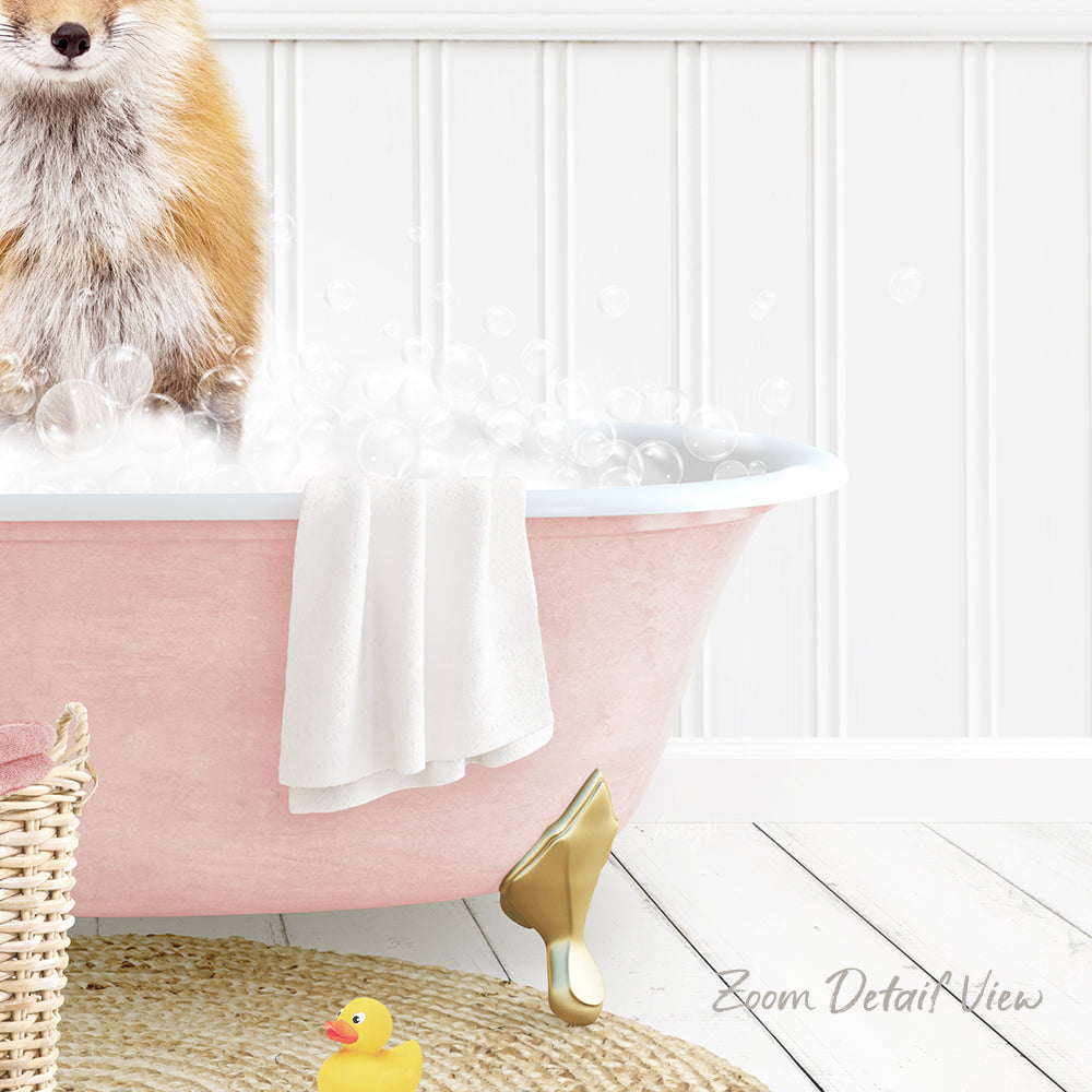 A pink bathtub filled with bubbles, with a dog sitting inside and enjoying the bath. There is a yellow rubber duck and a white towel nearby.