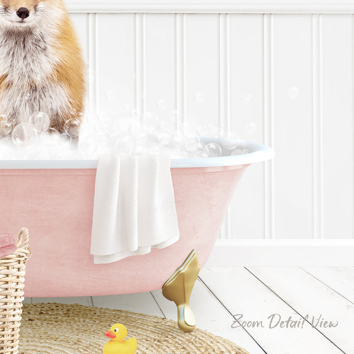 A pink bathtub filled with bubbles, with a dog sitting inside and enjoying the bath. There is a yellow rubber duck and a white towel nearby.