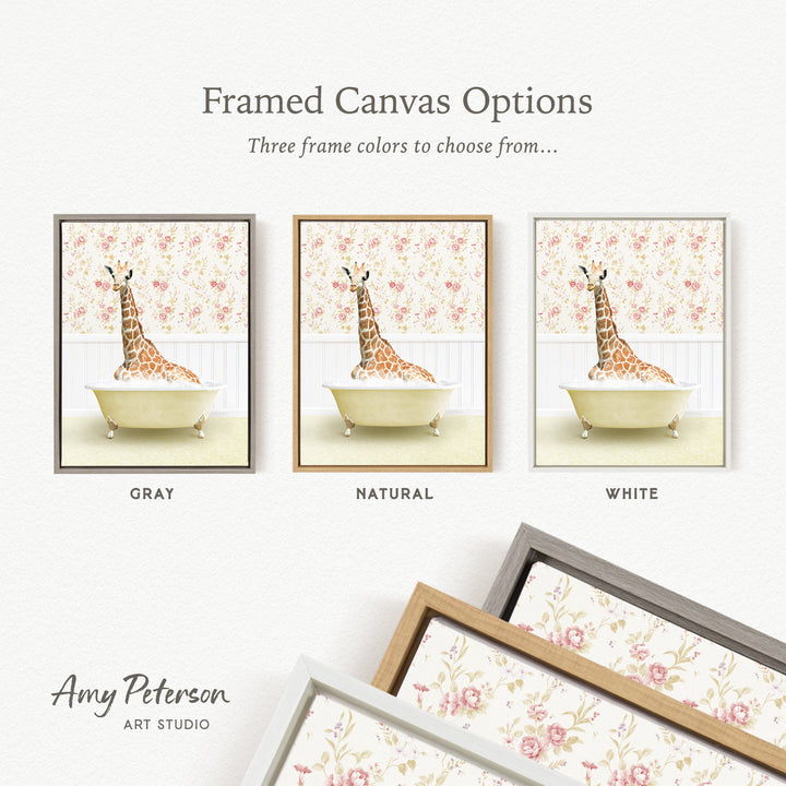 The image is a framed canvas option featuring three different framed pictures of a giraffe in a bathtub, each with a different frame color: gray, natural, and white.