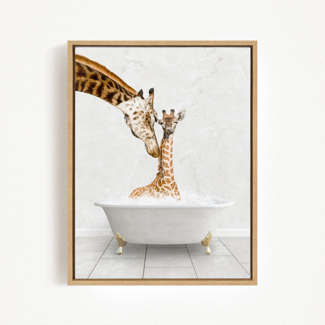 A mother giraffe and her baby giraffe are enjoying a relaxing bath together in a white bathtub, with the mother gently nuzzling her baby.