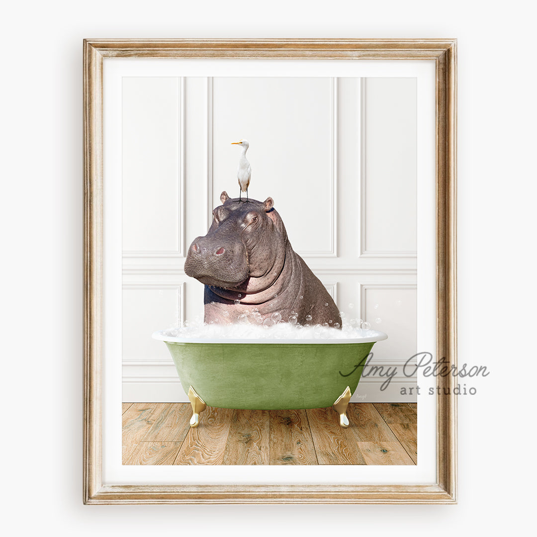 a hippo in a bathtub with a bird on top of it