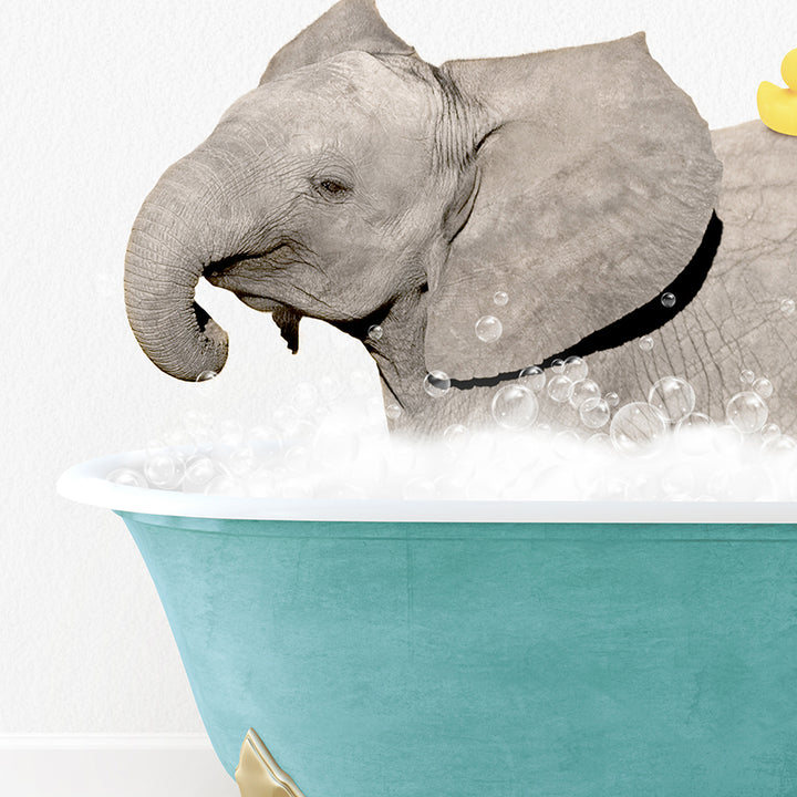 an elephant in a bathtub with bubbles and a rubber duck