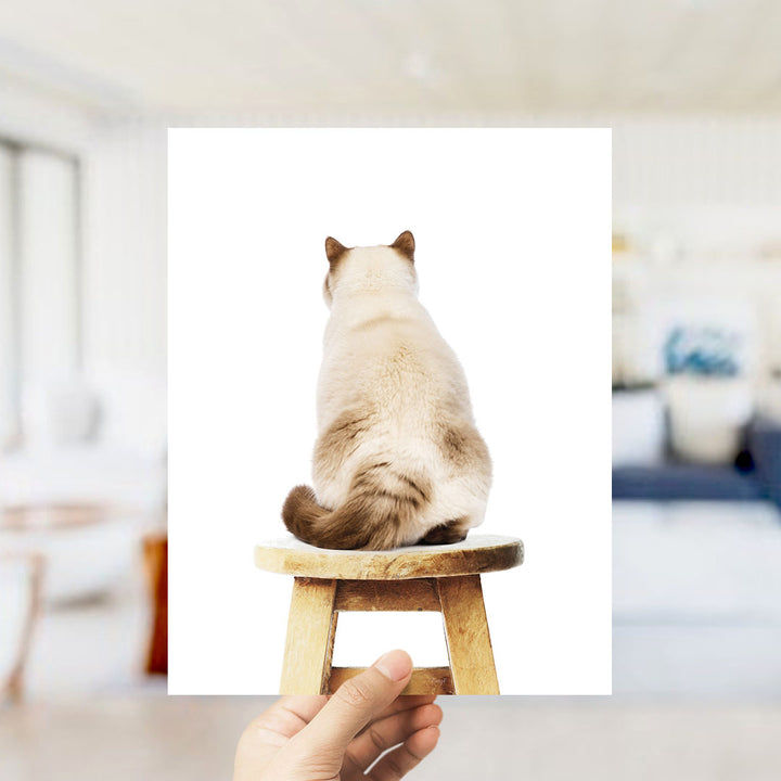 A Siamese cat sitting on a wooden stool, facing away from the camera.