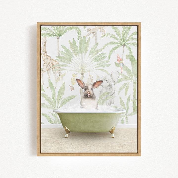 A framed print depicting a rabbit sitting in a green bathtub filled with bubbles, surrounded by tropical foliage and animals.