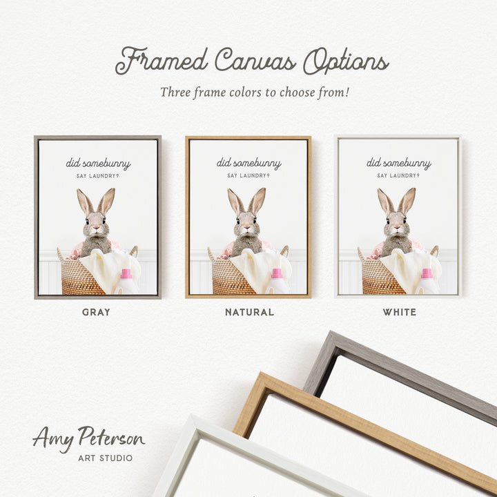 three framed canvas options, each featuring a different color and style of frame. The options include a gray frame, a natural frame, and a white frame. The text above the options reads " Framed Canvas Options" and "Three frame colors to choose from!".
