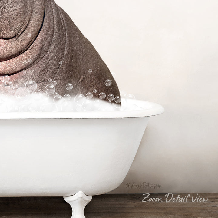 A close-up of a hippopotamus submerged in a bathtub filled with bubbles, creating a playful and whimsical scene.