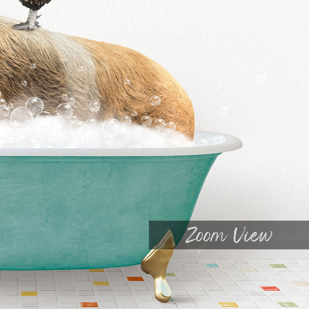 A dog is sitting in a bathtub filled with bubbles, enjoying a relaxing bath.