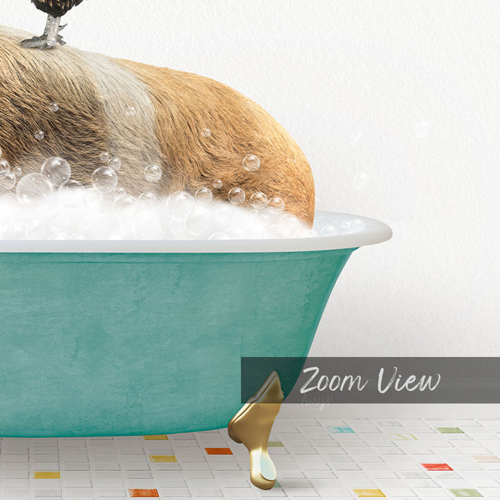 A dog is sitting in a bathtub filled with bubbles, enjoying a relaxing bath.
