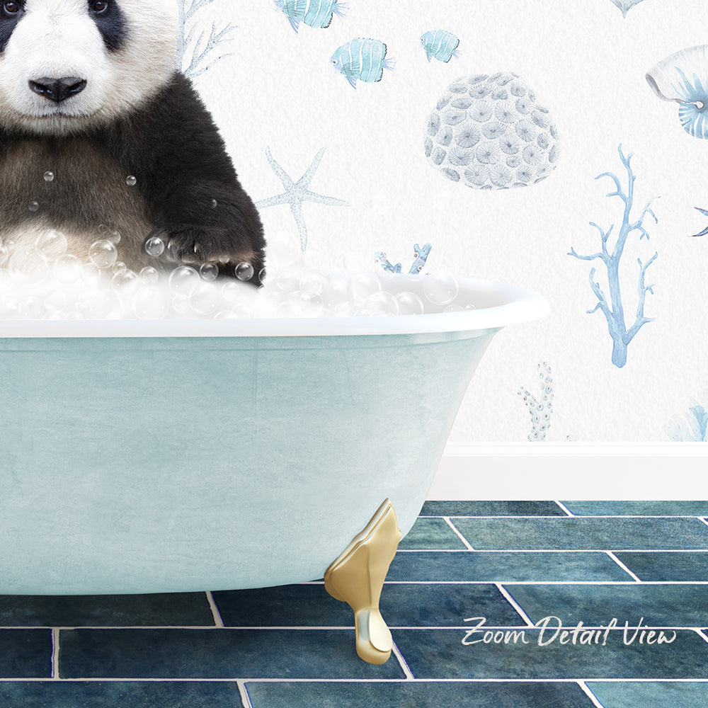 A panda sitting in a bathtub filled with bubbles, surrounded by a blue and white ocean-themed wallpaper.