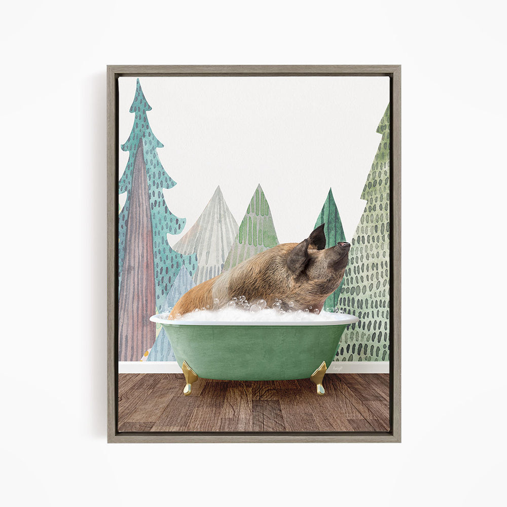 A pig is sitting in a green bathtub, surrounded by a forest scene with trees and a misty atmosphere.