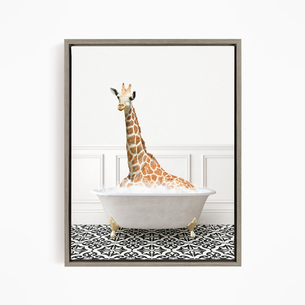 A giraffe sitting in a white bathtub filled with bubbles, creating a whimsical and playful scene.