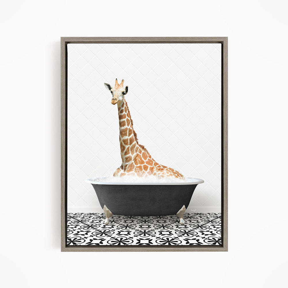 A giraffe sitting in a bathtub filled with water, surrounded by a black and white patterned floor.