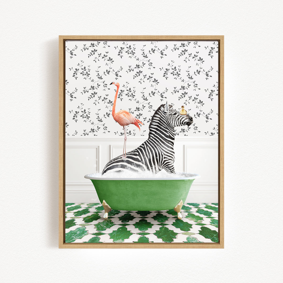 A zebra is sitting in a green bathtub, surrounded by a pink flamingo and a bird, all against a backdrop of a floral patterned wall.