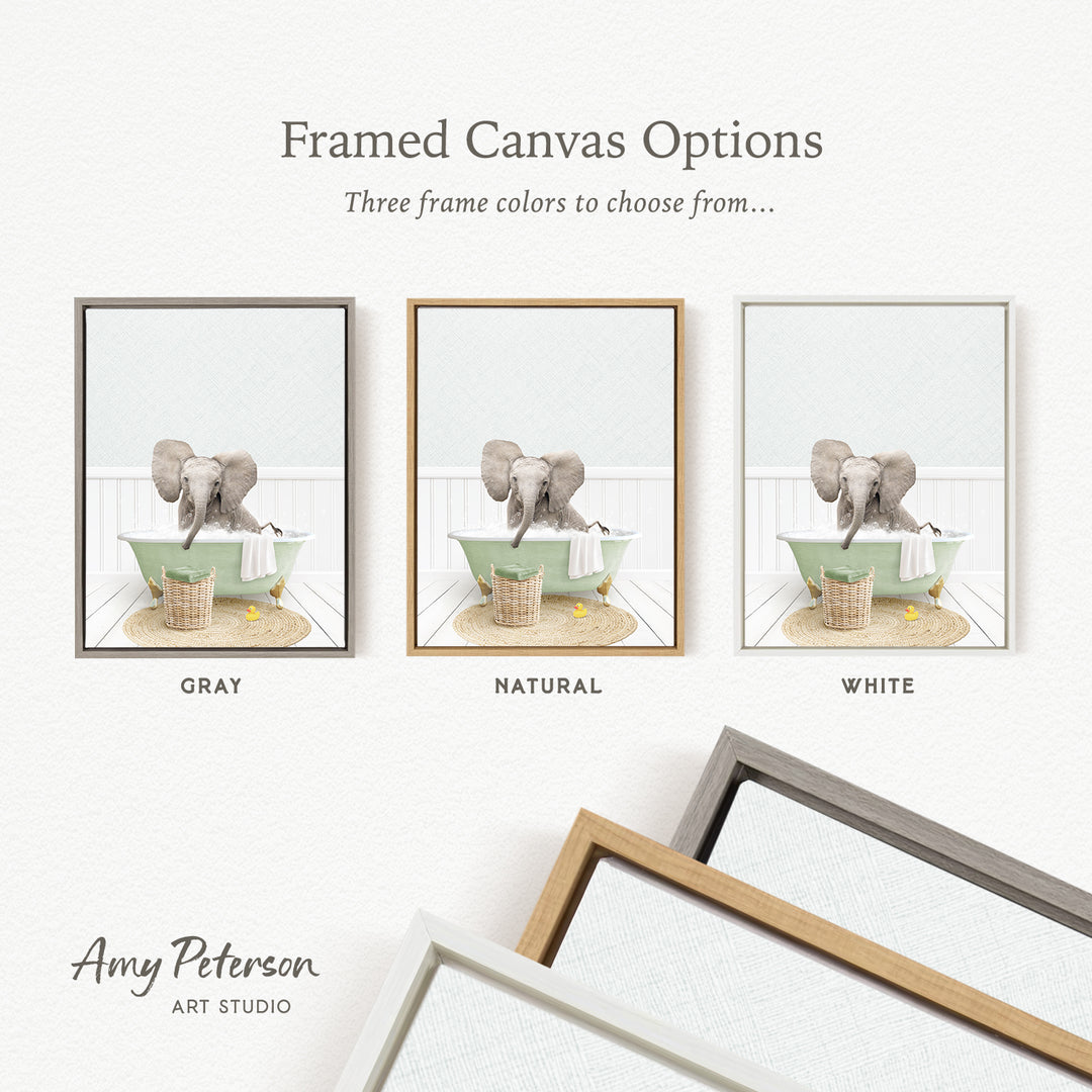 three framed canvas options featuring a gray elephant in a green bathtub, with each option having a different frame color: gray, natural, and white.