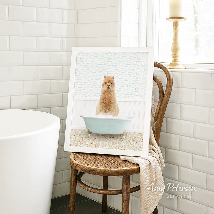 A framed image of a small dog sitting in a bathtub filled with water, surrounded by a tiled bathroom setting.