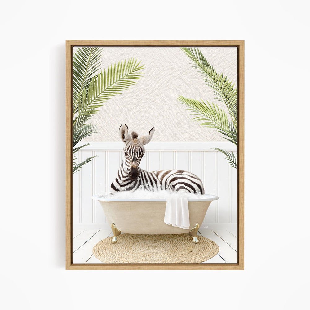 A zebra is sitting in a bathtub filled with water, surrounded by palm leaves, creating a whimsical and playful scene.