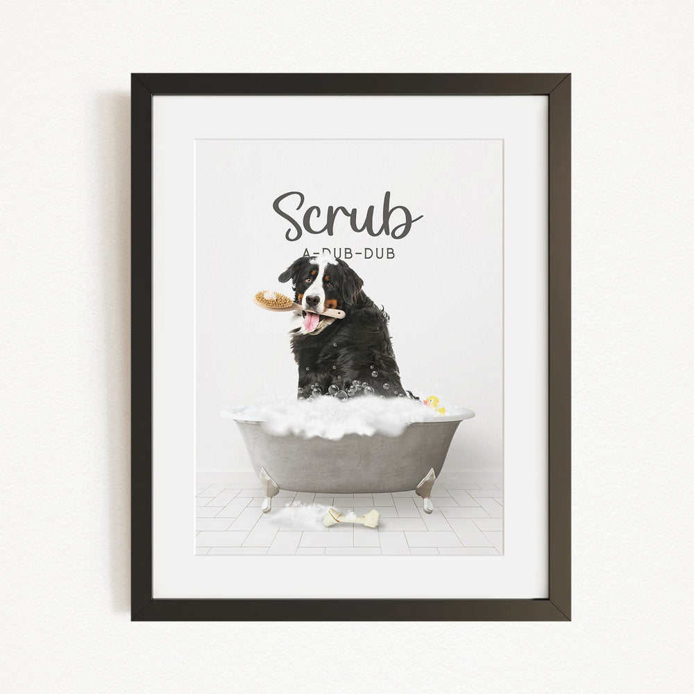 A black and white dog sitting in a bathtub, holding a toy in its mouth, with the word "Scrub" written above it.