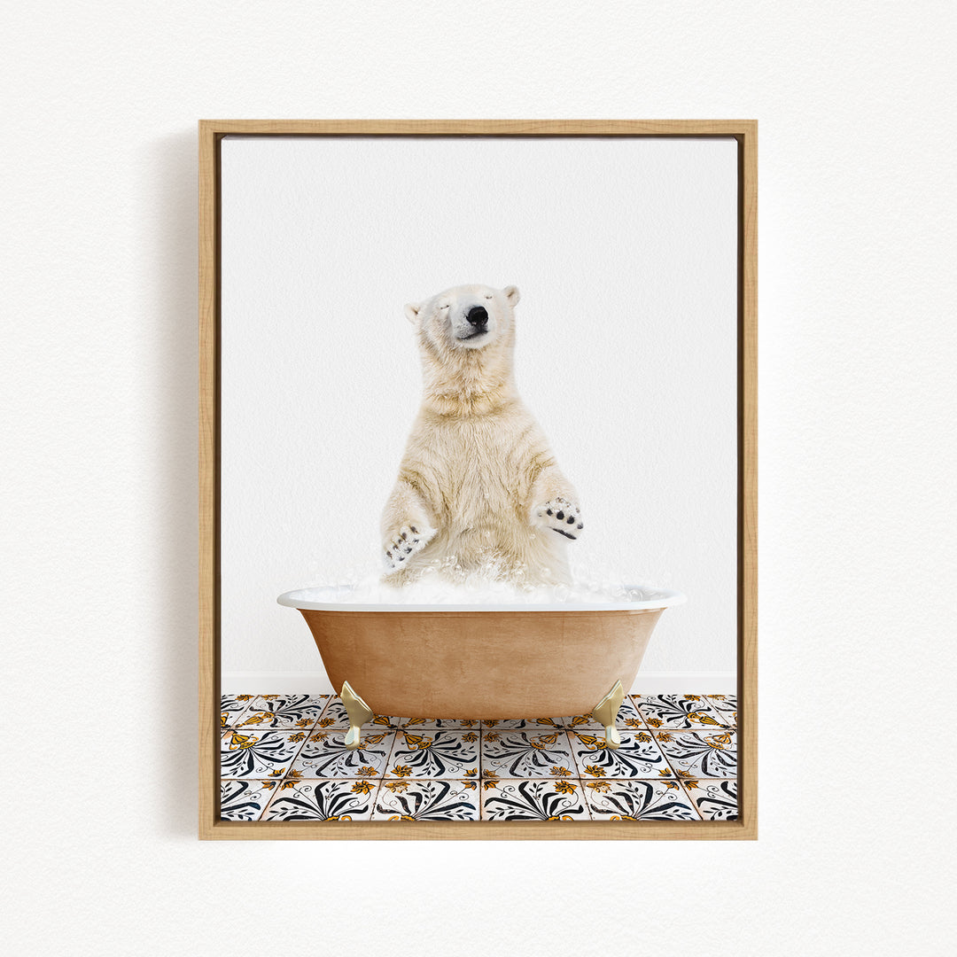 A polar bear standing in a bathtub filled with water, surrounded by a patterned tile floor.