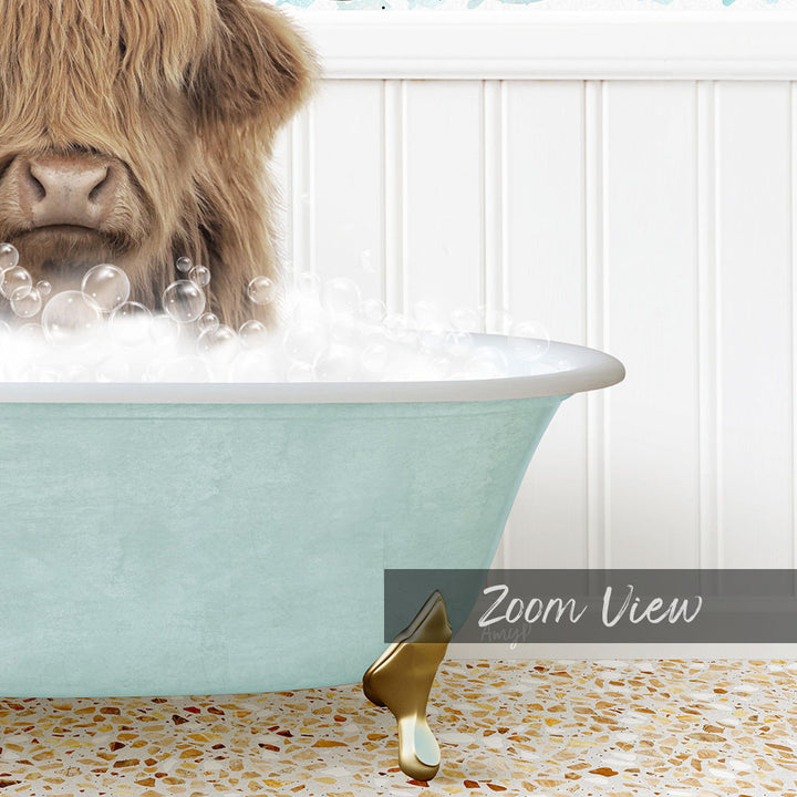 A large, shaggy-haired animal, possibly a yak or a similar furry creature, is sitting in a light blue bathtub filled with bubbles, with a gold-colored bathtub leg visible.