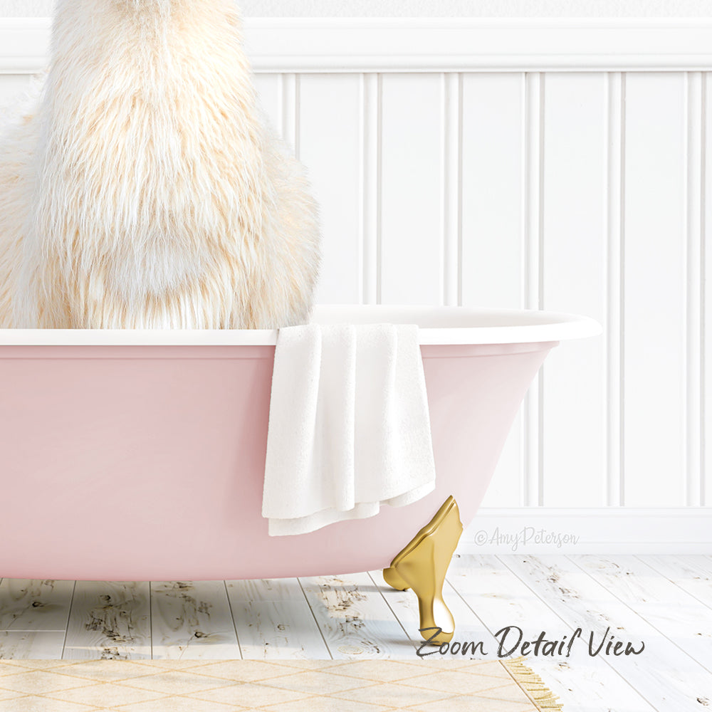 A fluffy white cat sits in a pink bathtub, with a white towel and gold bathtub stopper visible.
