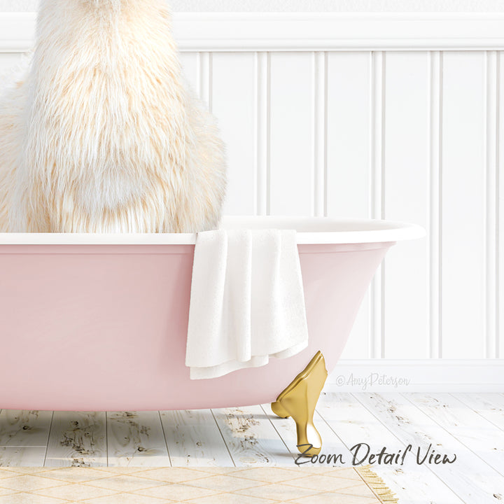 A fluffy white cat sits in a pink bathtub, with a white towel and gold bathtub stopper visible.
