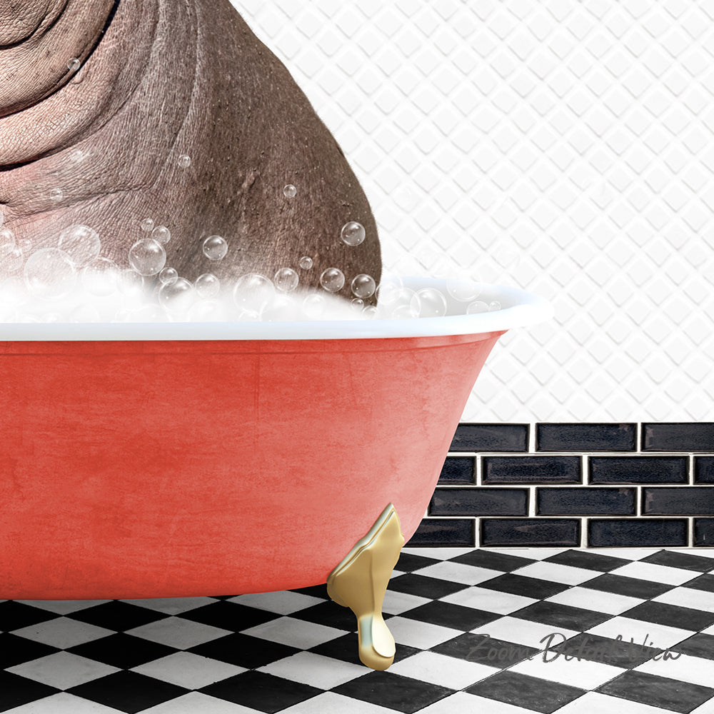 A red bathtub filled with bubbles, with a gold-colored claw-like object resting on the side of the tub. The bathtub is placed on a black and white checkered floor, and there is a brick wall in the background.