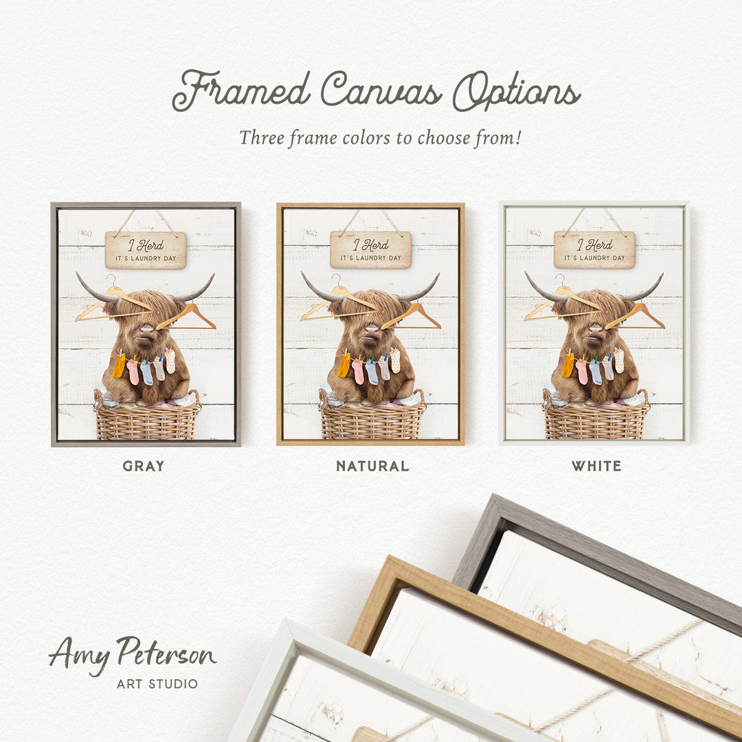 three framed canvas options featuring a Highland cow in a basket, each with a different frame color: gray, natural, and white.