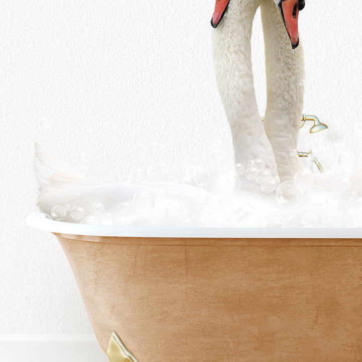 a white swan standing on top of a bath tub filled with water