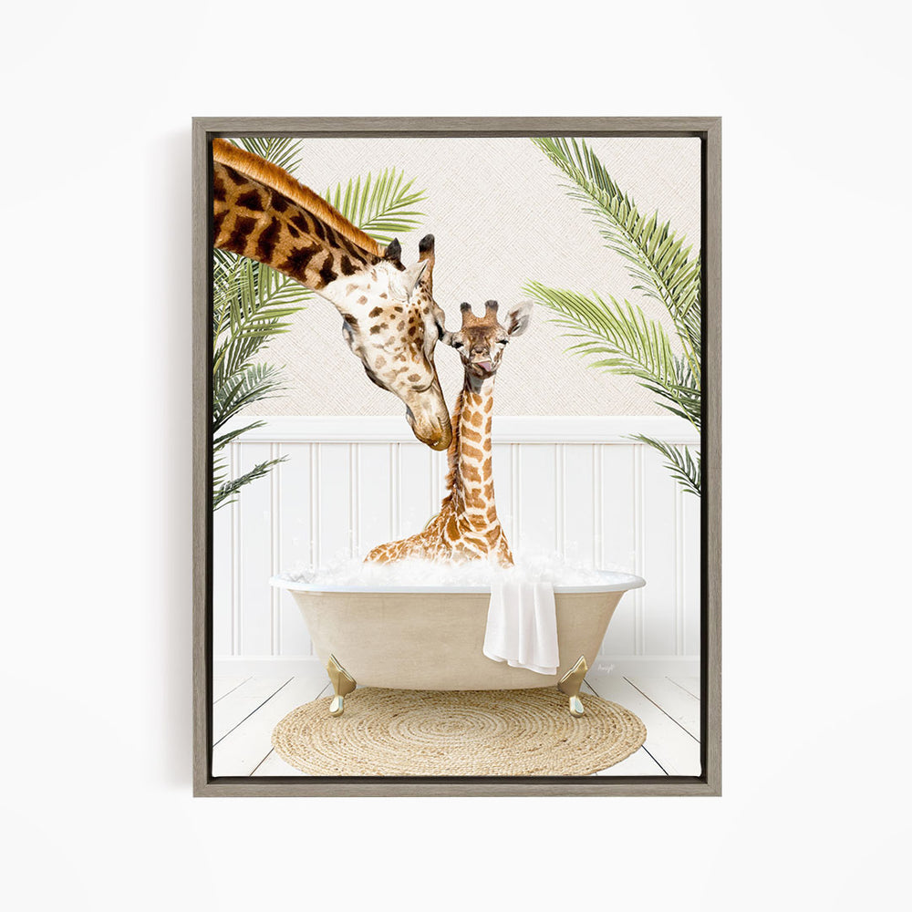 A mother giraffe and her baby giraffe are sitting together in a bathtub, surrounded by lush green plants.