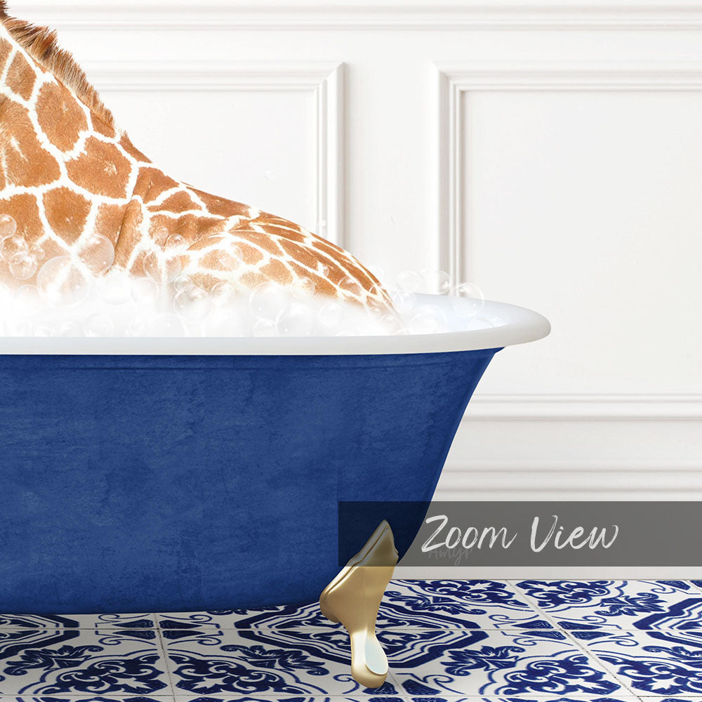 A giraffe is sitting in a blue bathtub filled with water, creating a whimsical and playful scene.