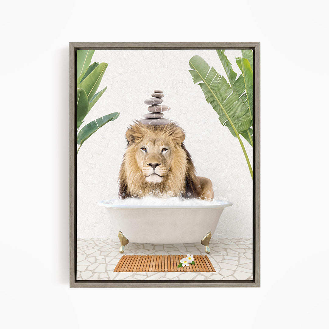 A lion is sitting in a bathtub filled with water, surrounded by palm leaves, creating a whimsical and playful scene.