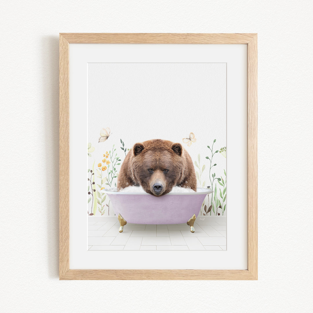 A brown bear is sitting in a purple bathtub, surrounded by flowers and butterflies, creating a whimsical and playful scene.