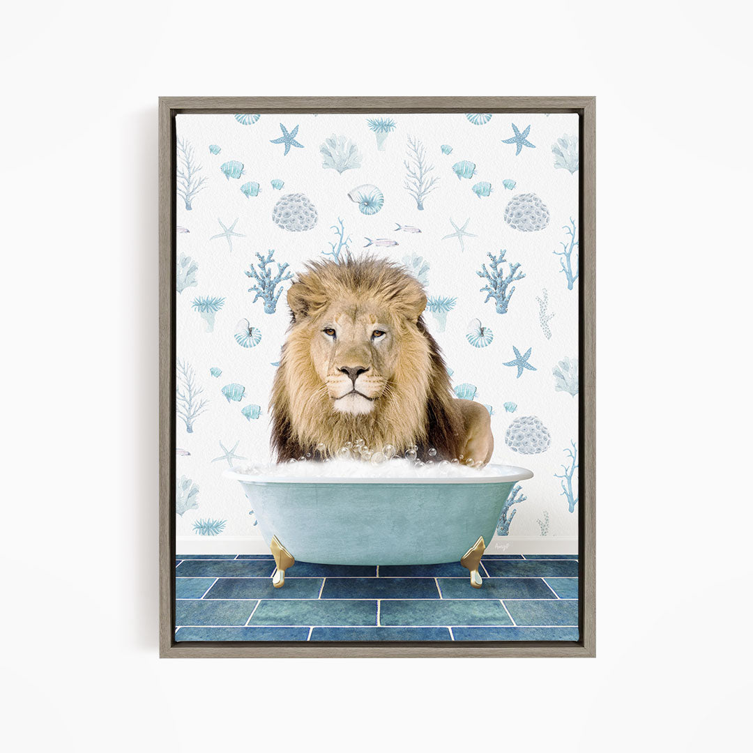 A lion is sitting in a blue bathtub filled with bubbles, surrounded by a pattern of blue and white seashells and starfish.